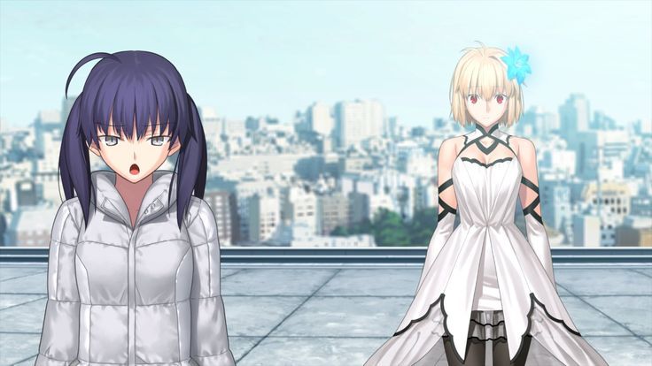 two anime characters standing in front of a cityscape