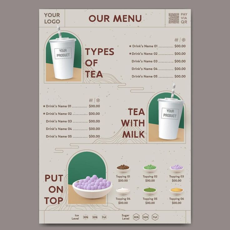 a menu with different types of teas and drinks on the side, including one for each