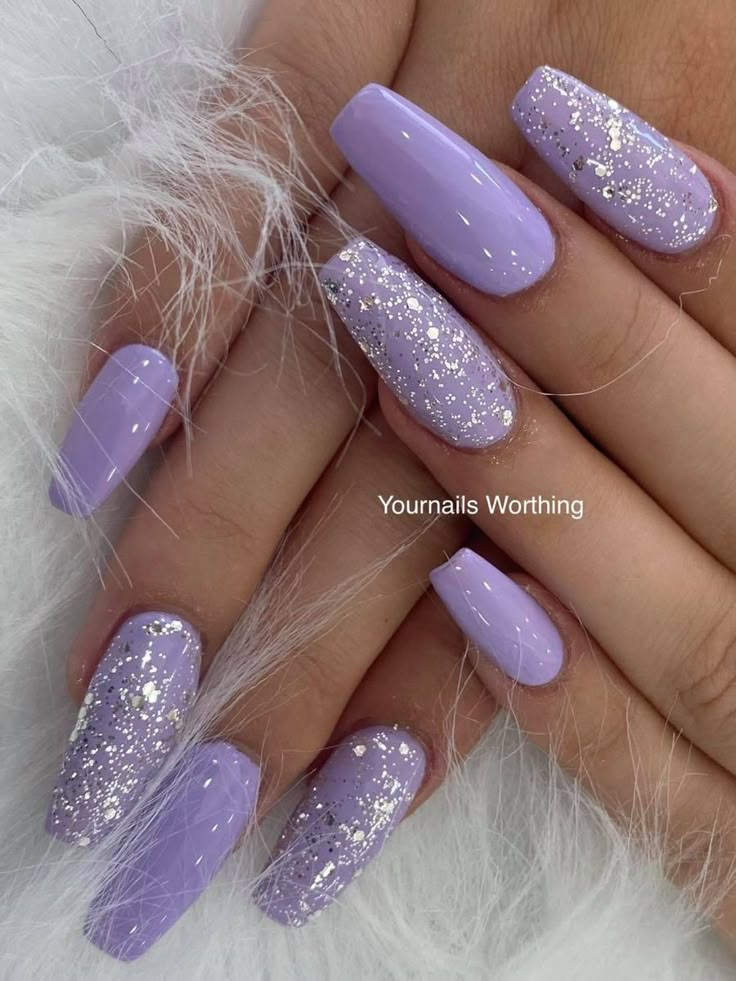 Lilac Nails For Prom, Lavender Nail Design Ideas, Lilac Sparkle Nails, Purple Gel X Nails, Lilac Prom Nails, Lavender And Silver Nails, Purple Nails For Prom, Purple And Glitter Nails, Wedding Nails Purple