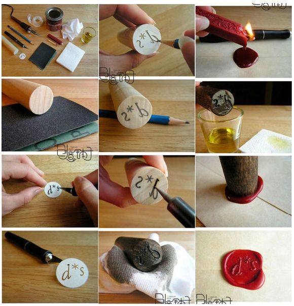 several pictures of different things that are made out of wax and rubber stamps with letters on them