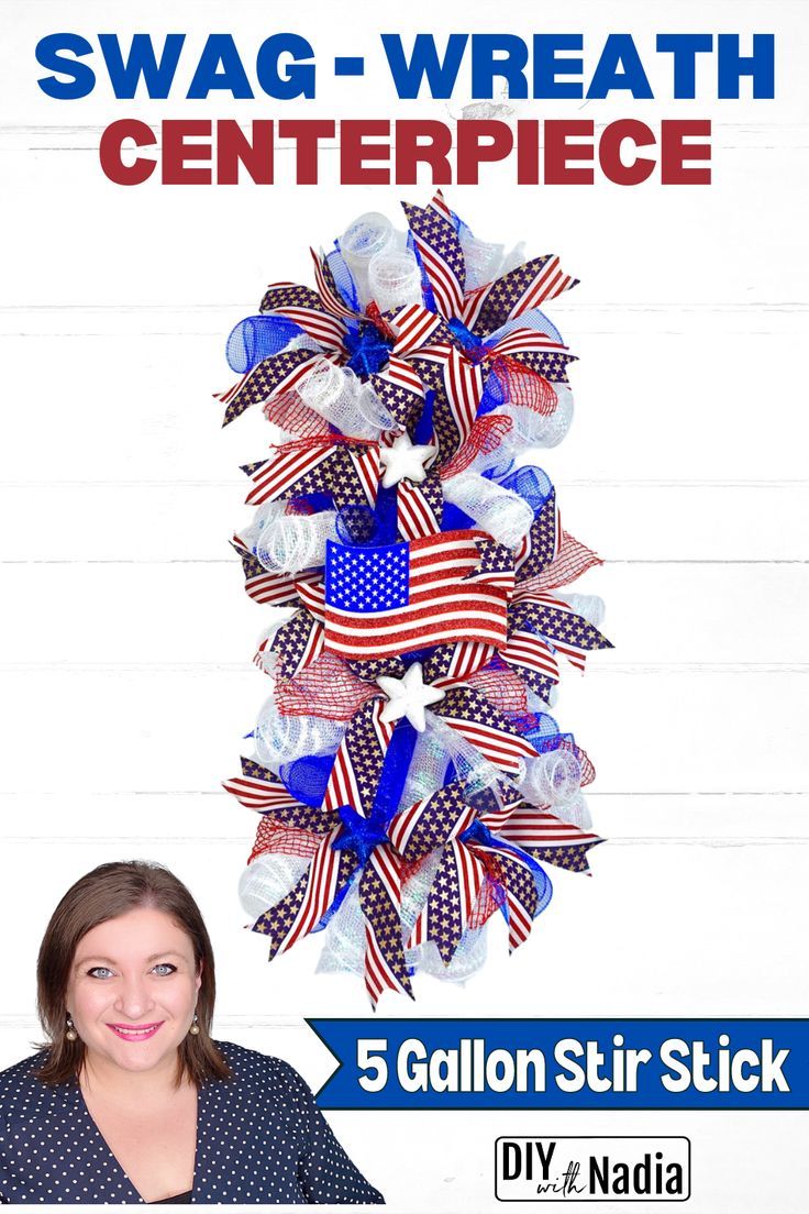 a woman standing in front of a white wall with an american flag wreath on it