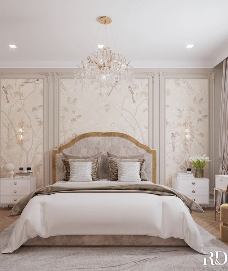 a bedroom with a large bed and chandelier hanging from the ceiling