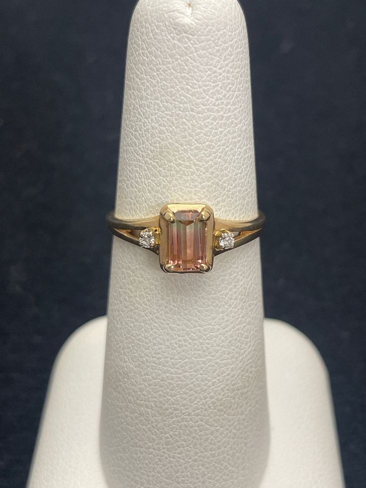 Genuine watermelon tourmaline with beautiful pink/green stone weighing .60ct with two- .04 diamonds on the sides set in 10k yellow gold band. Tourmaline is known for displaying several colors in the same gemstone this watermelon, tourmaline, features, green, pink, and white colors to resemble its namesake.  Size 6 1/2. Designed and manufactured in Pittsburgh, Pennsylvania. Watermelon Tourmaline Ring, Moon Party, Pittsburgh Pennsylvania, Tourmaline Ring, Watermelon Tourmaline, White Colors, Pittsburgh Pa, Green Stone, Gold Band