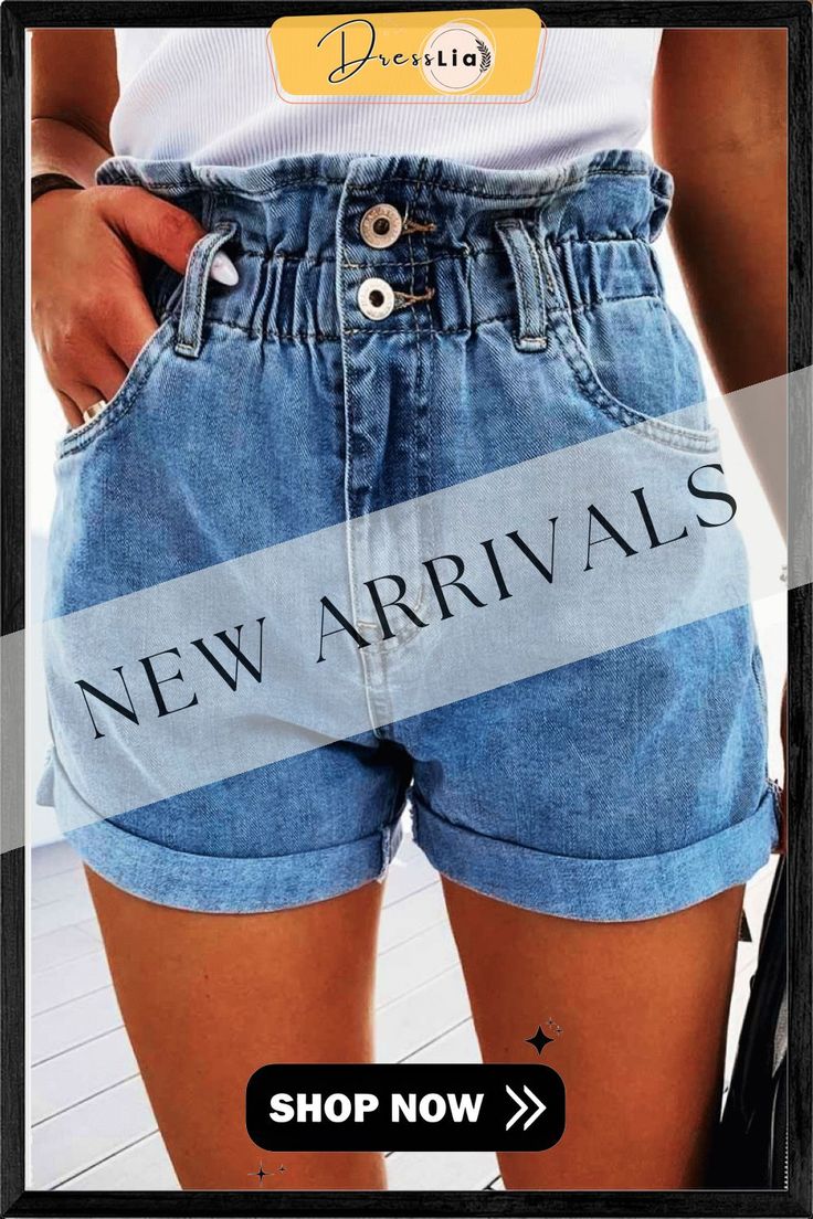 Casual Straight High Waist Shorts Casual High Waist Bottoms With Belt Loops, High Waisted Casual Bottoms With Belt Loops, Casual High-waist Bottoms With Belt Loops, Solid Denim Shorts For Summer, Casual Solid High Rise Bottoms, Casual High Rise Bottoms, Casual High-rise Bottoms, Non-stretch Short Bottoms For Day Out, Solid High Rise Bottoms For Day Out