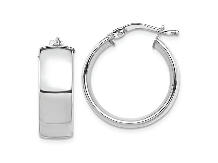 Rhodium over 14k white gold high polished hoop earrings. Measure approximately 13/16"L x 1/4"W and have saddleback backings. Nickel Free White Gold Small Hoop Earrings, Nickel Free Small Hoop Earrings In White Gold, Small Hoop Jewelry With Polished Finish For Anniversary, Nickel-free Huggie Earrings For Formal Occasions, Nickel Free Huggie Earrings For Formal Occasions, Sterling Silver White Gold Hoop Earrings, Fine Jewelry White Gold Huggie Earrings With Polished Finish, Classic Nickel-free Huggie Jewelry, Modern Small Hoop Jewelry With Shiny Finish