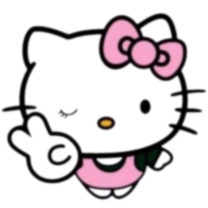 the hello kitty face is smiling and holding her hand up in front of her head