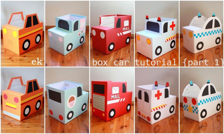 several pictures of different cardboard boxes with cars on them