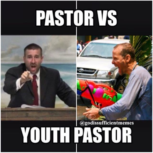 two men in suits and ties are talking to each other with words below them that read pastor vs youth pastor