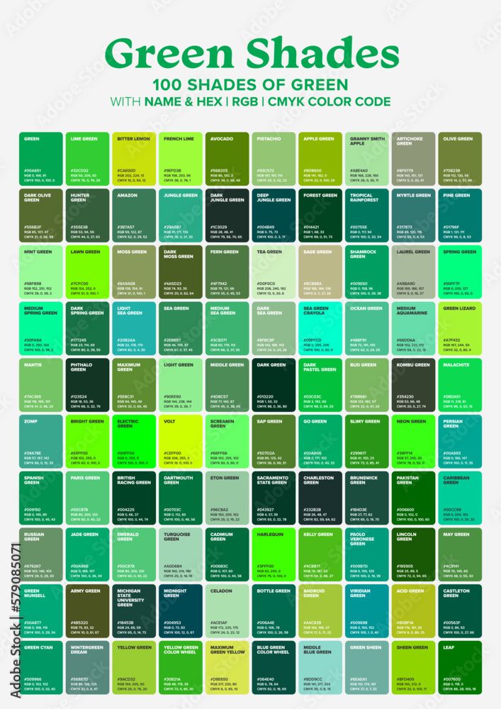 green shades poster with text and color swatches on the bottom half of each page