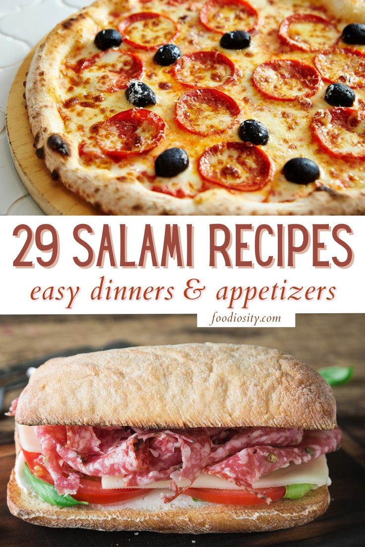 two different types of pizzas with the words 29 salami recipes easy dinners and appetizers