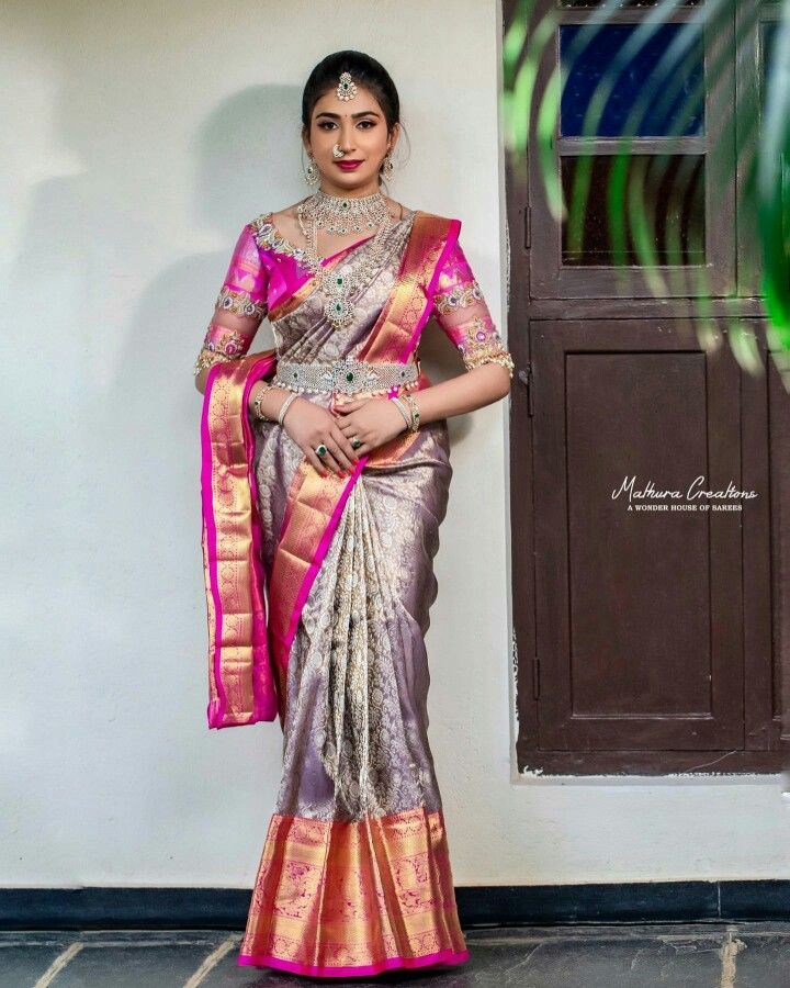 Tissue Pattu Saree Blouse Designs, Simple Pattu Sarees, Silver Blouse Designs, South Indian Marriage, Saree Types, New Saree Collection, Actresses In Saree, Saree Function, Gold Saree