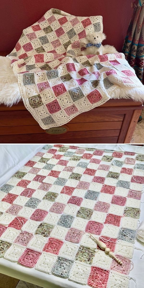 two pictures showing the same blanket on top of a bed and bottom one with a crocheted afghan