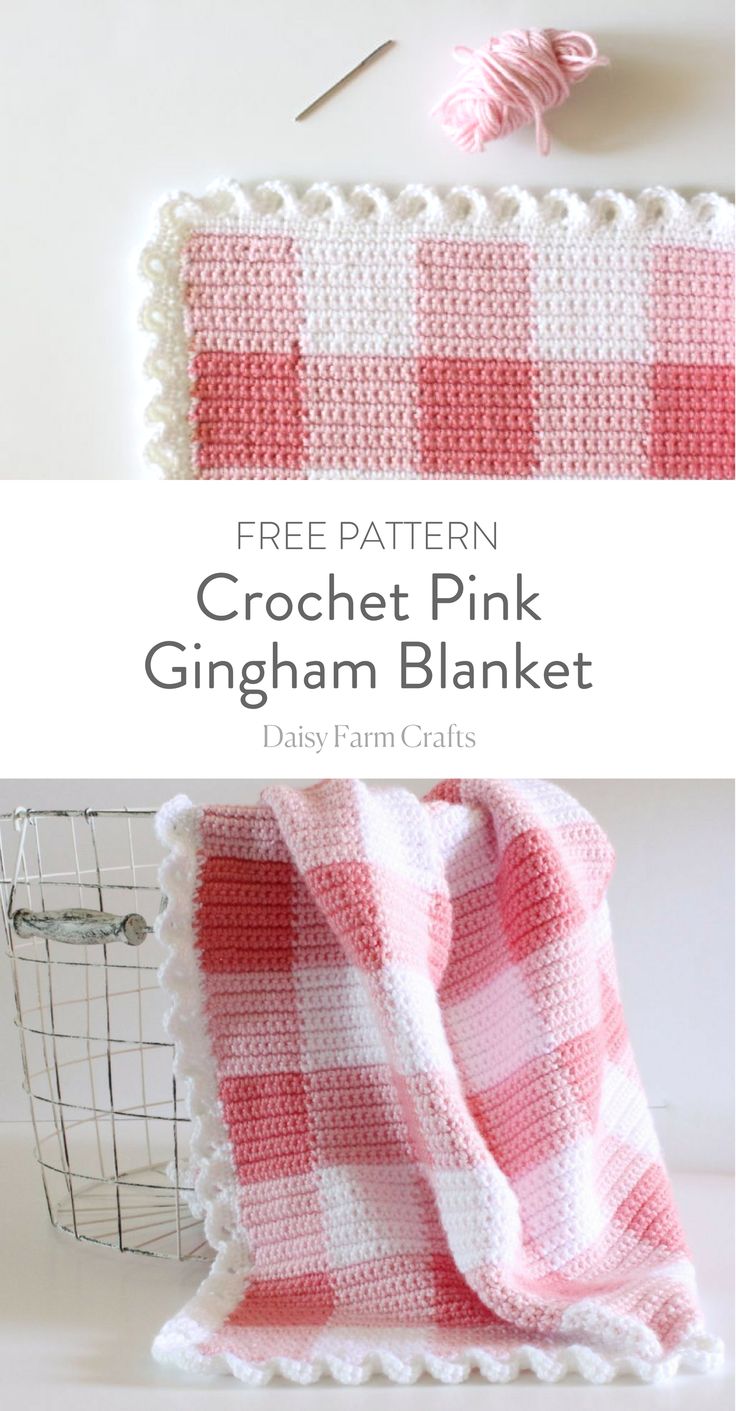 crochet pink gingham blanket is shown with yarn on the table and next to it