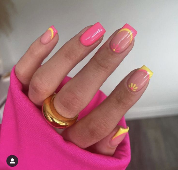 Short Square Summer Nail Designs, Pink And Yellow Nails Design, Festival Nails Neon, Bright Summer Acrylic Nails Square, Neon Square Nails, Pink And Yellow Nail Designs, Summa Nails, Pink And Yellow Nails, Do It Yourself Nails