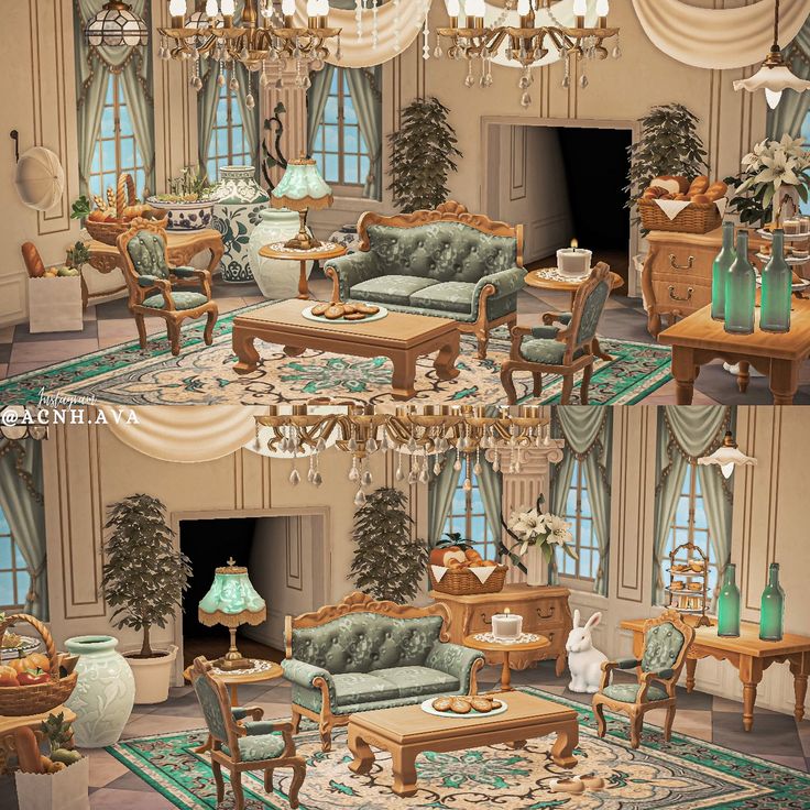 the living room is decorated in green and white colors, with chandeliers hanging from the ceiling