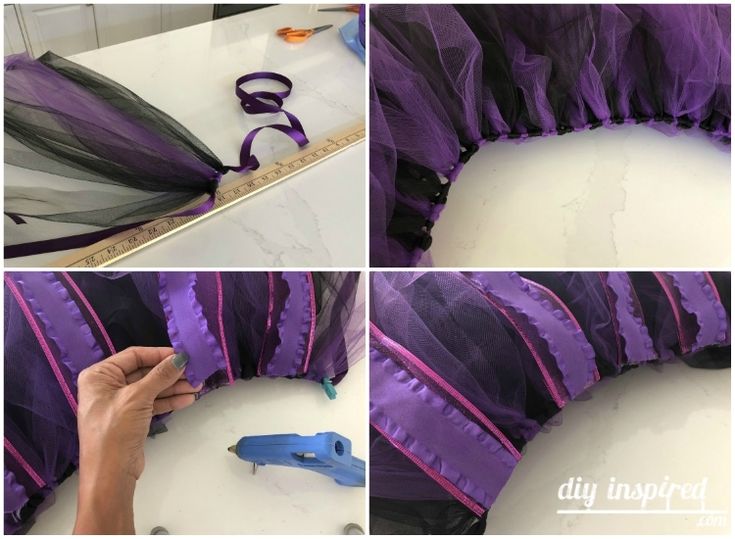 the process of making a purple and black ribbon wreath