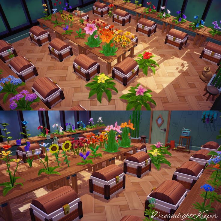 an image of a set of tables and chairs with flowers on them in the middle