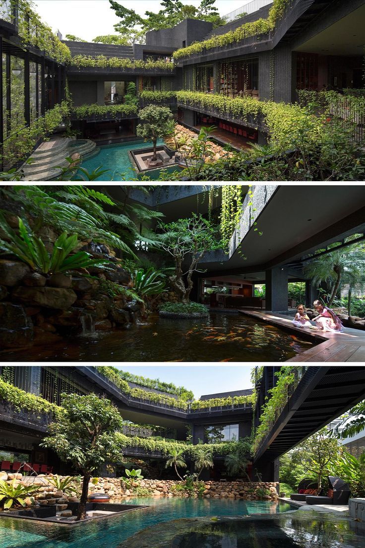 the inside and outside of a building with plants growing on it's sides, along with