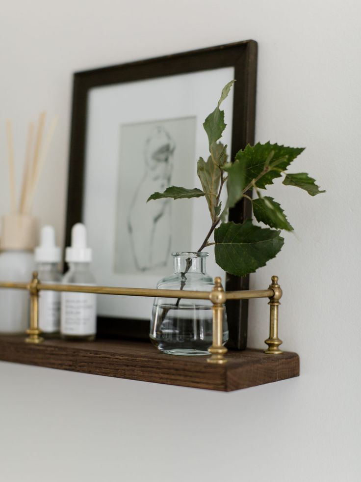 a potted plant sitting on top of a wooden shelf next to a framed photo