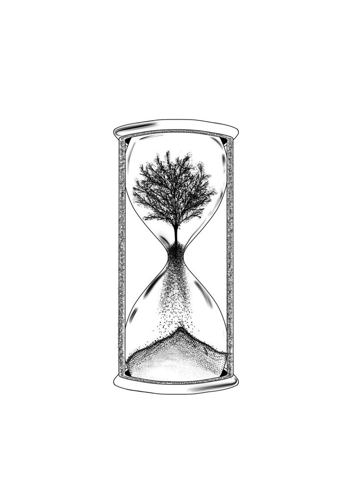 an hourglass with a tree in the middle and sand running through it, on a white background