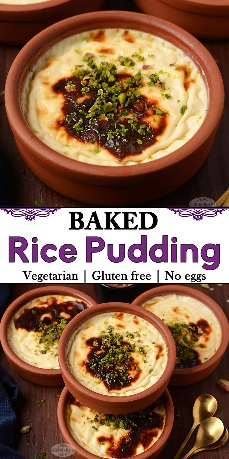 baked rice pudding in clay bowls with green toppings