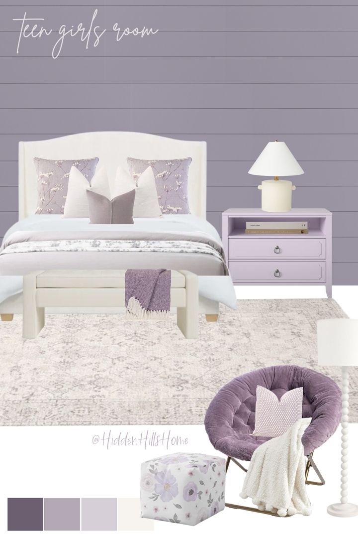 Teen girls room decor mood board with lavender and purple tones throughout! Cute girls room design ideas Girls Bedroom Lavender, Lavender Bedroom Ideas, Lilac Bedroom, Purple Girls Bedroom, Lavender Bedroom, Bedroom Ideas Boho, Purple Girls Room, Girls Bedroom Colors, Lavender Room