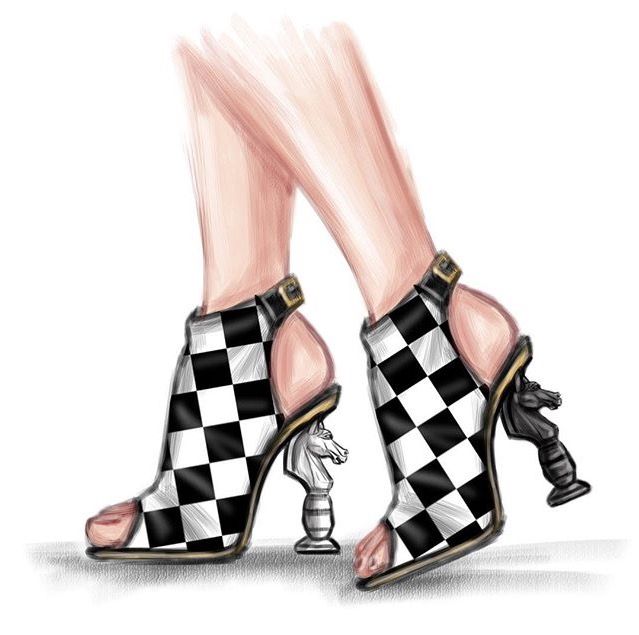 a drawing of a woman's legs wearing high heels with chess pieces on them