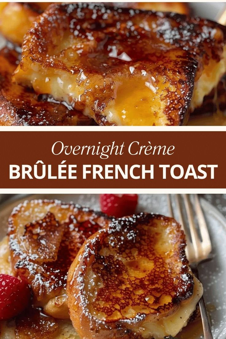 french toast on a plate with strawberries and powdered sugar over the top, then topped with syrup