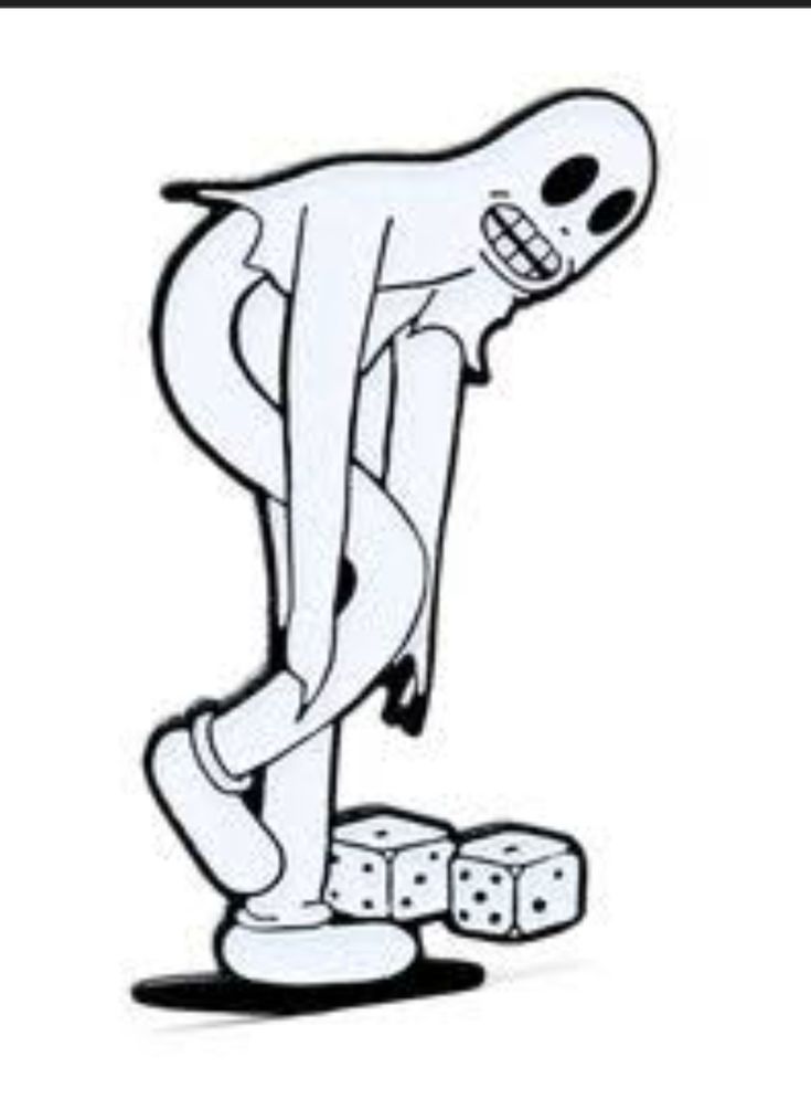 a cartoon character leaning over with dices in front of him