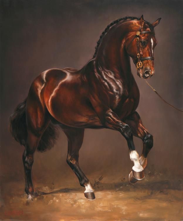 a painting of a brown horse with white boots on it's feet and tail