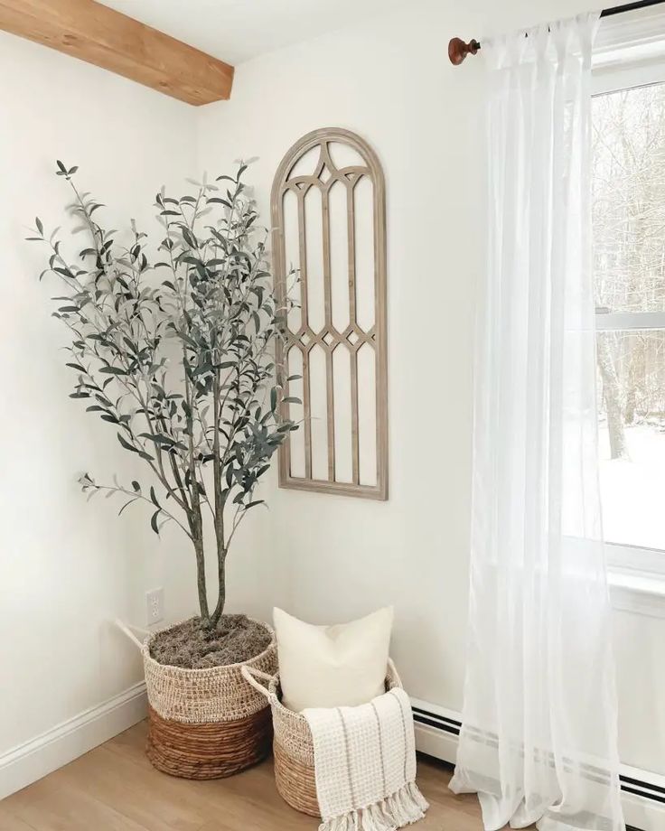 a small tree in a basket next to a window with sheer curtains on the windowsill