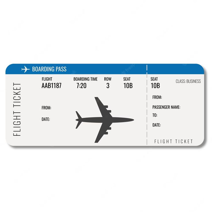 an airplane boarding pass is shown on a white background with blue border and the words flight ticket