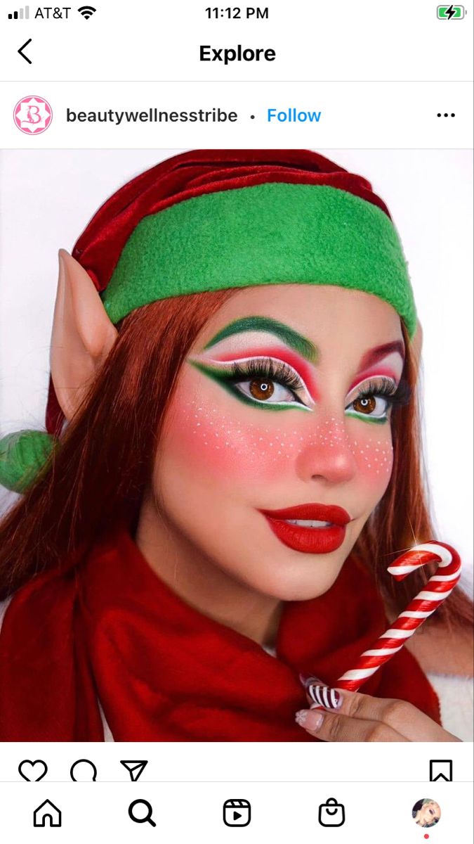 Diy Elf Makeup, Elf Make Up Christmas, Easy Elf Makeup Christmas, Grinch Makeup Looks Easy, Xmas Elf Makeup, Christmas Make Up Looks Holiday Makeup, Christmas Elf Makeup Simple, Christmas Elf Cosplay, Elf Make Up Ideas