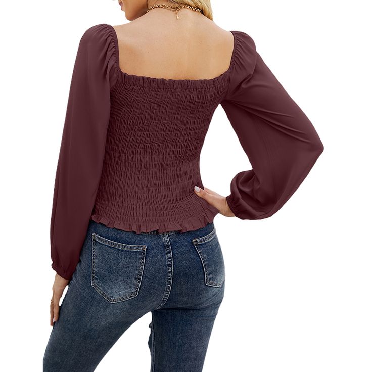 Burgundy Smocked Square Neck Chiffon Tunic Tops Billowy Casual Smocked Top For Fall, Fall Smocked Top With Flowy Bodice, Fall Smocked Top With Flowy Fit, Flowy Fall Smocked Top, Fall Flowy Smocked Top, Flowy Smocked Top With Smocked Bodice For Fall, Fitted Smocked Top With Lantern Sleeves For Fall, Fall Smocked Bodice Top, Fall Smocked Top With Solid Color