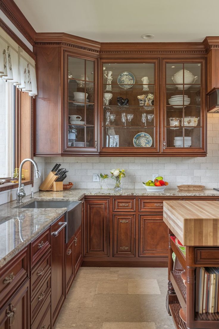 a kitchen with wooden cabinets and marble counter tops