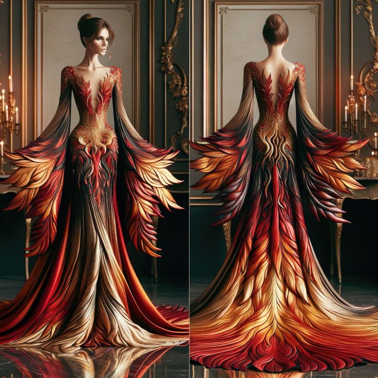 Phoenix Inspired Gown, Fire Dress Art, Phoenix Inspired Dress, Phoenix Dress Gowns, Fire Inspired Dress, Phoenix Outfits, Fantasy Dress Queens, Phoenix Gown, Lace Long Skirt