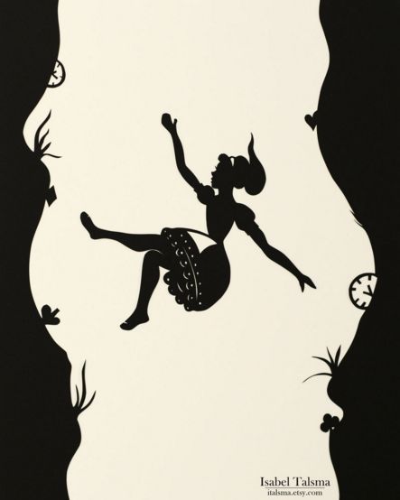 an illustration of a girl falling off a cliff into the air with her arms in the air