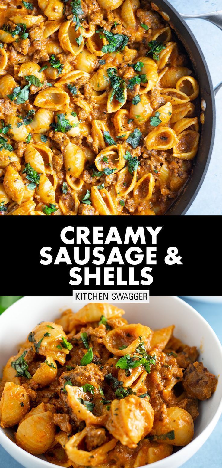 creamy sausage and shells in a skillet next to a bowl of pasta with spinach