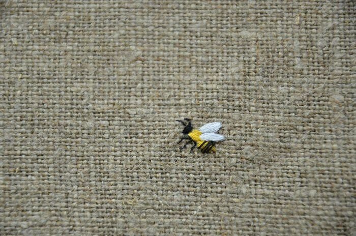 a small yellow and black insect sitting on top of a piece of cloth