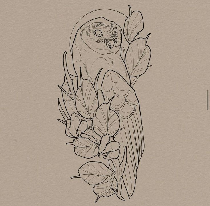 an owl sitting on top of a tree branch with leaves and flowers around its neck