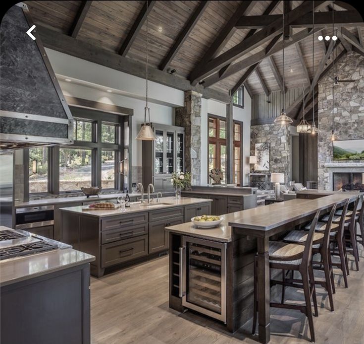 a large kitchen with an island and lots of counter space in front of the stove