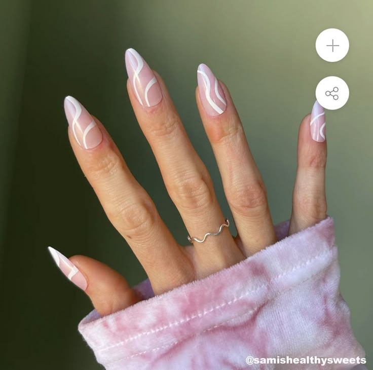 White Swirl Almond Nails, White Swirly Nails, Nails Pale Pink, Almond Nails White, Natrual Nails, Swirly Nails, Almond Nails Pink, Nail Ideas Simple, Nails Acrylic Almond