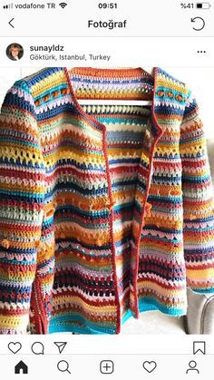 a crocheted jacket is shown on the instagramture page, with an image of someone's sweater