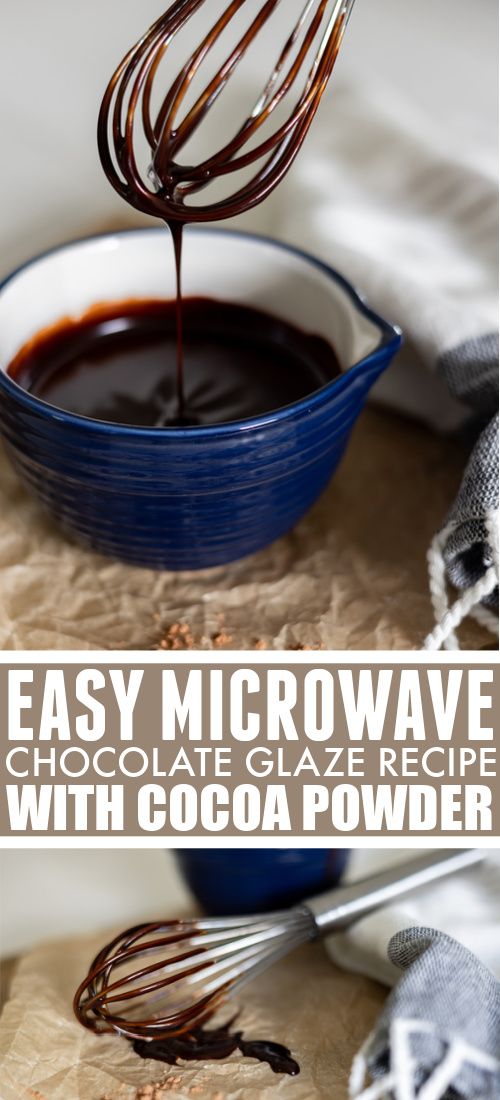 easy microwave chocolate glaze recipe with cocoa powder in a blue bowl and whisk