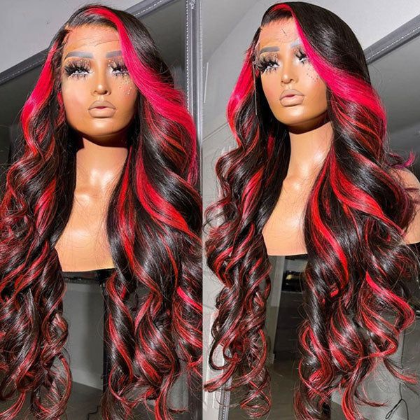 Our Dark Black with Red Highlights Colored Wig offers a dazzling and beautiful style that's designed to turn heads. The body wave style and 13x4 HD lace front ensure a comfortable fit and a natural-looking hairline. Make a statement with this vibrant and bold look. Product Details Brand: Ishow Hair Hair Material: human hair from one donor Hair Color: 1B/Red Highlights Texture: Body Wave Length: 8-32 Inch Available Density: 150% And 180%, 250% Hairline: pre-plucked Can Be Dyed: yes, please dye in Alt Wigs, Black With Red Highlights, Red Lace Front Wigs, Indian Hair Color, Wigs Body Wave, Brazilian Body Wave Hair, Blonde Lace Front Wigs, Red Highlights, Short Hair Wigs