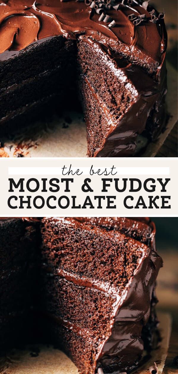 the best moist & fudgey chocolate cake is cut in half and ready to be eaten