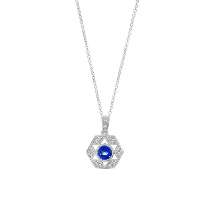 18K White Gold Round Blue Sapphire Center Stone 0.32 Total Sapphire Carat Weight 0.13 Total Diamond Carat Weight Stone Count: 16 Round Diamonds 18 Inch Total Chain Length Lobster Clasp Formal Blue Diamond Gemstone Necklace, Formal Blue Gemstone Diamond Necklace, Classic Blue Diamond Necklace With 17 Jewels, White Gold Hexagon Jewelry For Formal Occasions, White Gold Octagon Necklace For Formal Events, Elegant Octagon Gemstone Necklace, Formal Octagon Diamond-accented Necklaces, Elegant Octagon Birthstone Necklace, Formal White Gold Octagon Necklaces