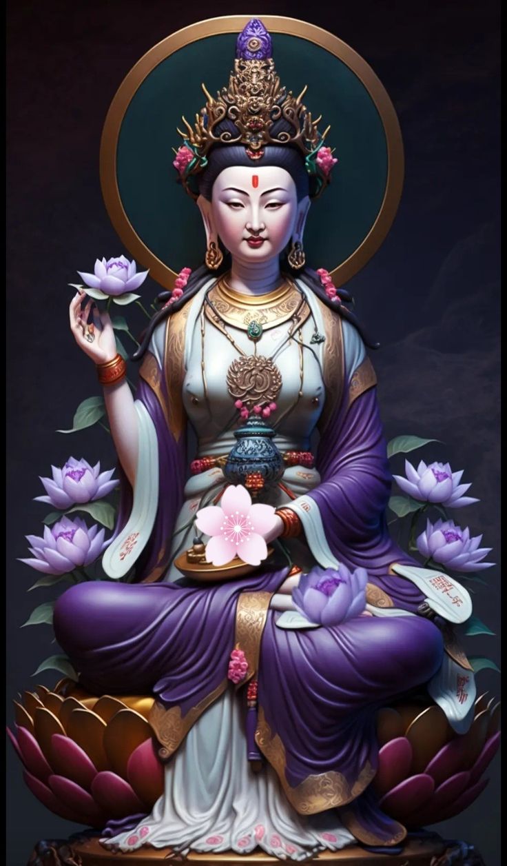 buddha statue sitting in lotus position with purple flowers