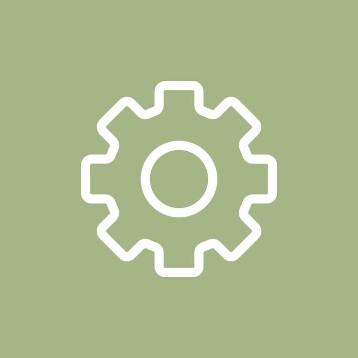 a white icon on a green background with an image of a cogwheel in the center