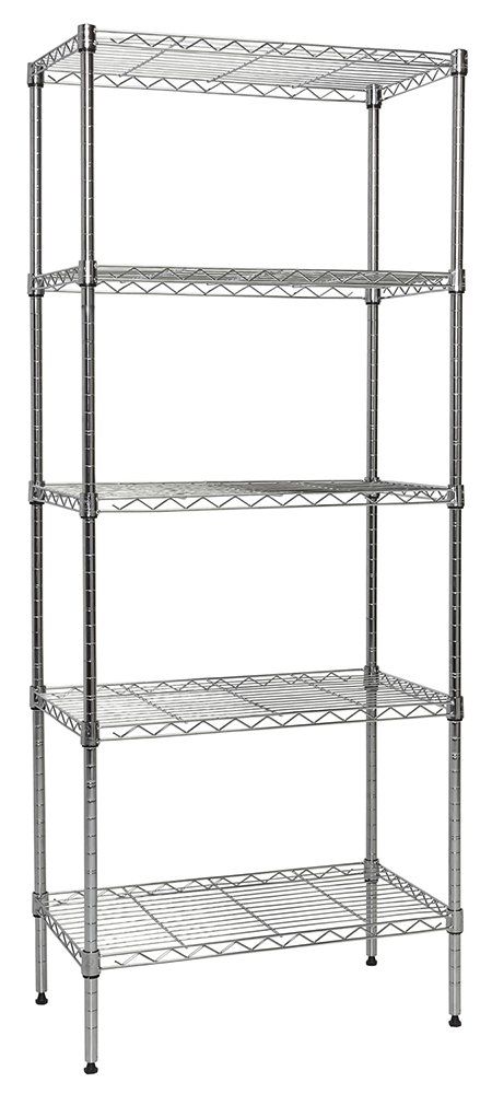 four tiered shelving unit with wheels on each side and three shelves in the middle